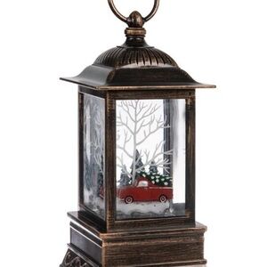 Bronze Lantern with Red Truck and tree Scene 10” tall